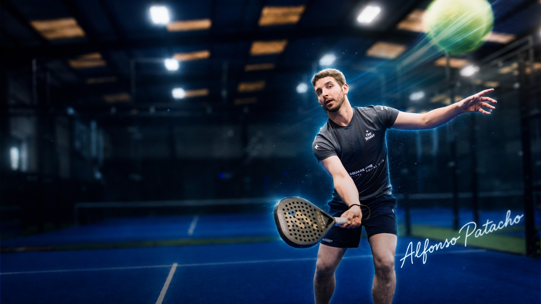 Alpha racket in use with signature of Alfonso Patacho